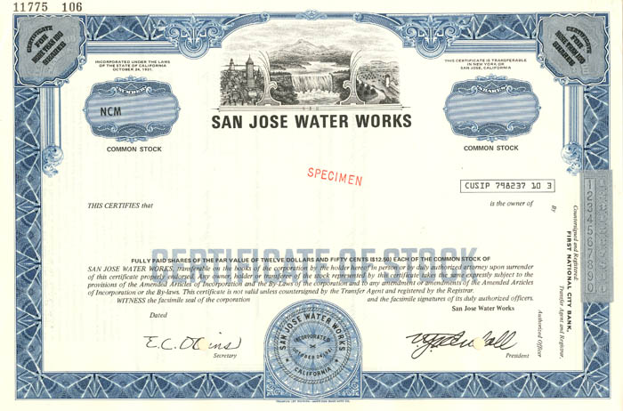 San Jose Water Works - Utility Specimen Stock Certificate